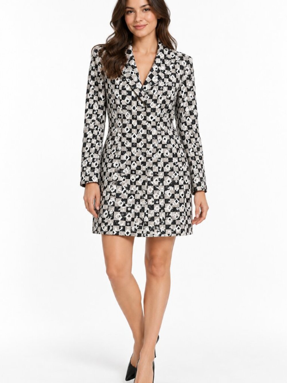AIRFIELD Vintage Geometric Checkerboard Longline Blazer Jacket